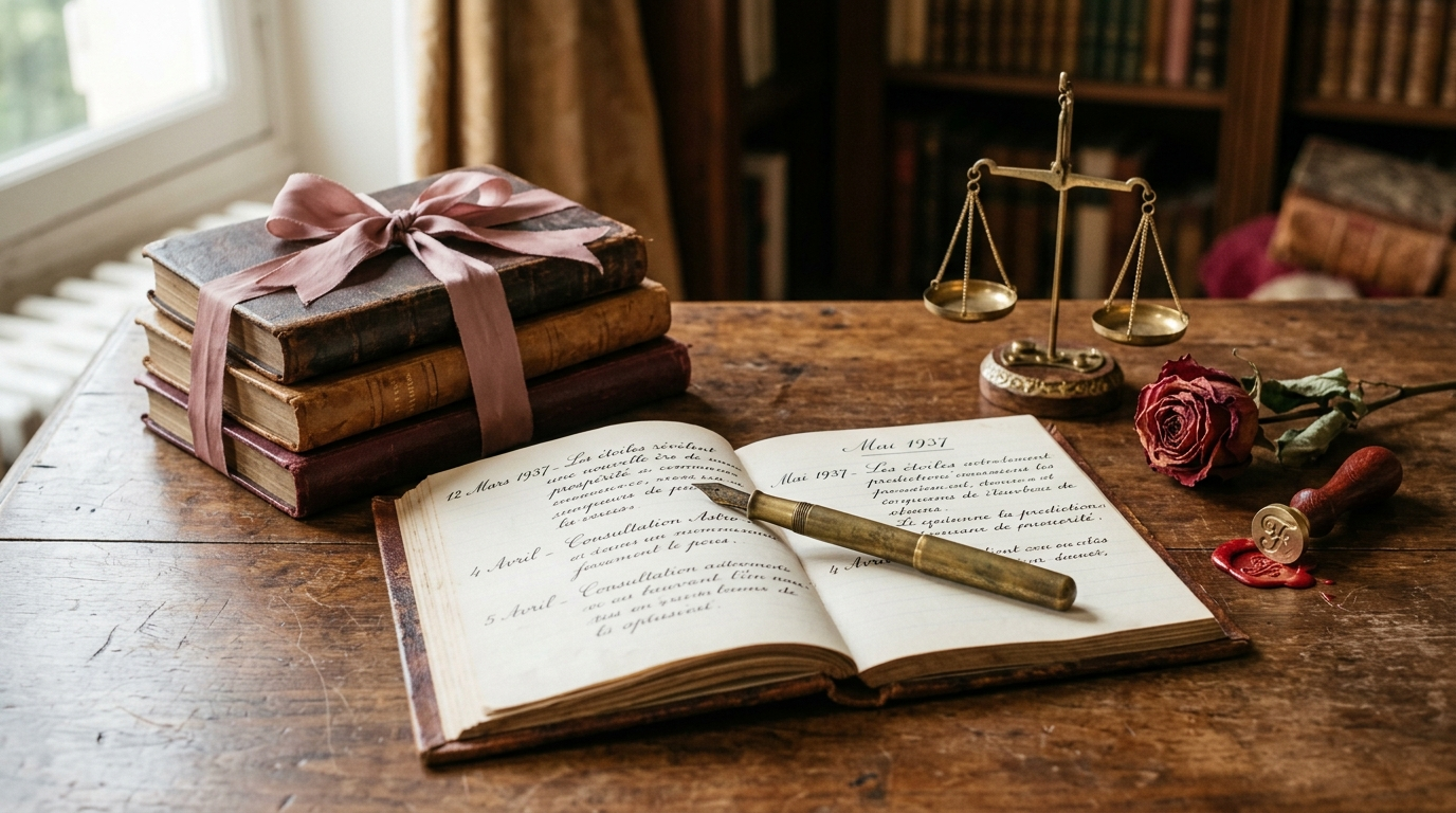 Registre de prédictions et balance — symboles d'éthique d'Élise