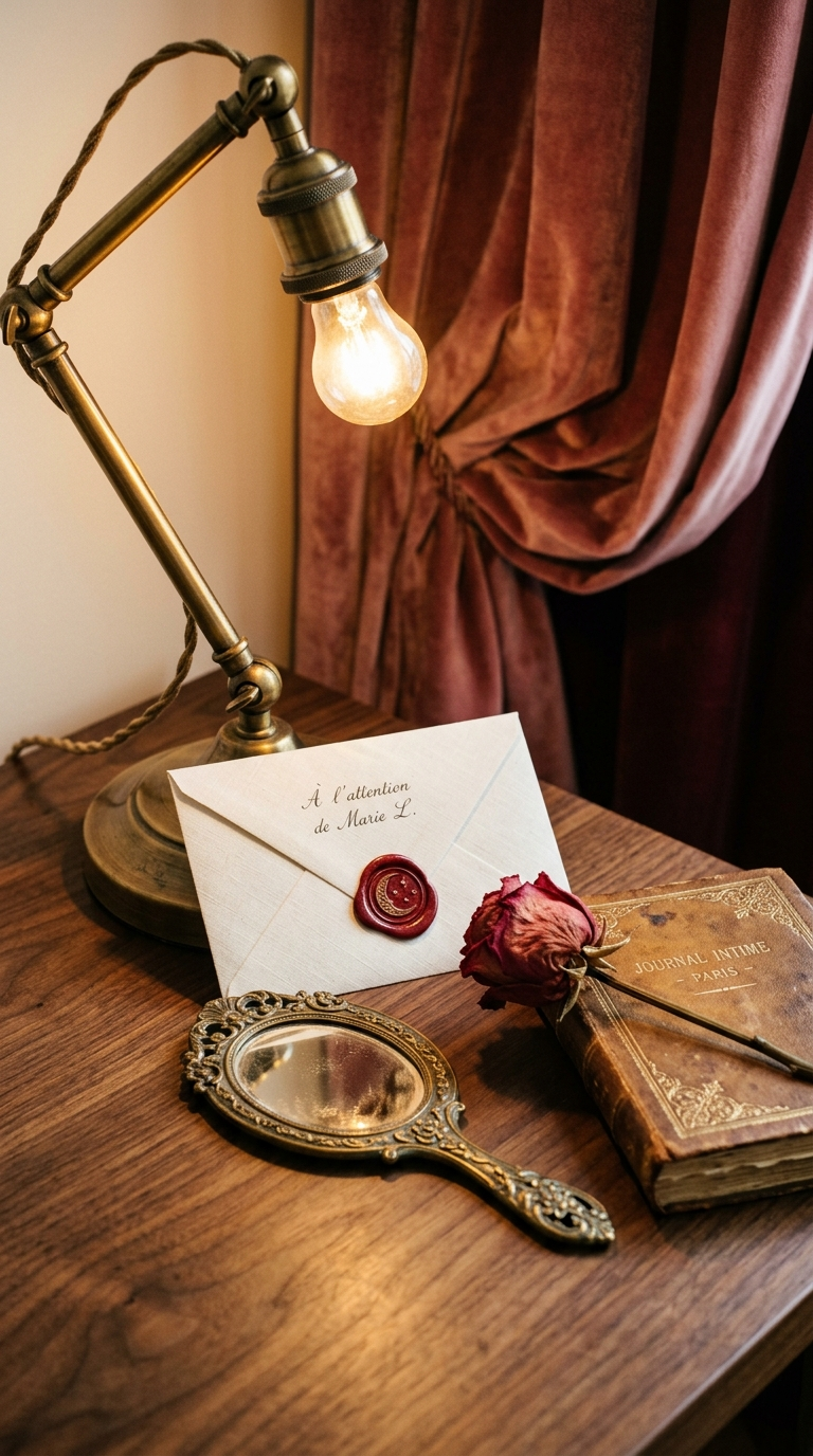 Détail bureau d'Élise — sceau de cire rouge et lampe vintage